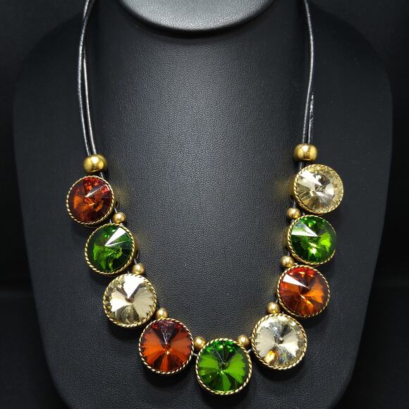 Vintage Rivoli Rhinestone Leather Necklace, Large Orange Green Clear Rhinestones - Picture 2 of 10